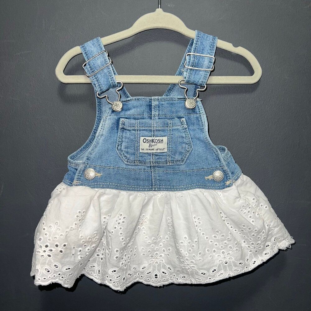 Oshkosh B’gosh Girls 3m Overall Dress Denim Blue White Eyelet Linen